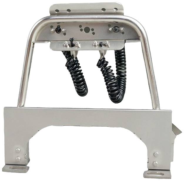 Metallic frame with mounting bracket, spiral cables hanging down. Possibly part of a technical device or machine.