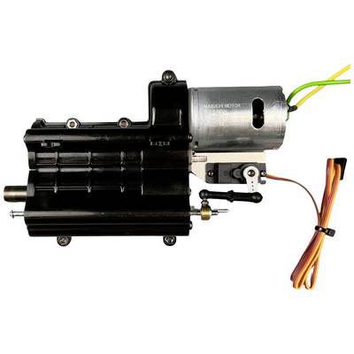 Electric gearmotor, side-mounted, with cable connections. Used in automation and robotics.