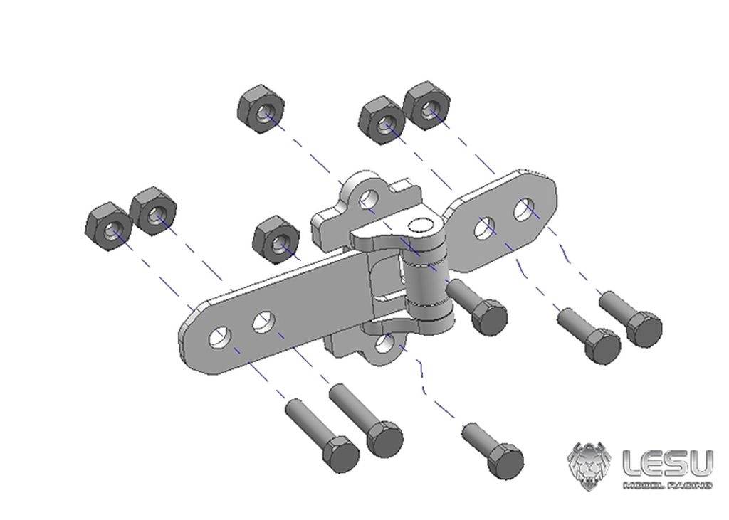 Exploded technical drawing of a hinge with associated screws and nuts.