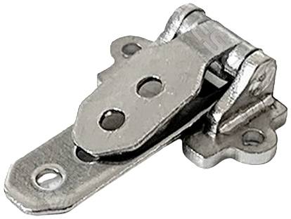 Metal hinge with two fixing holes on each side, suitable for furniture doors or cabinets.