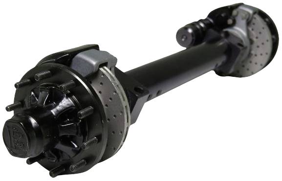 A robust-looking vehicle axle component with brake discs and wheel hubs, suitable for use in heavy haulage transport.