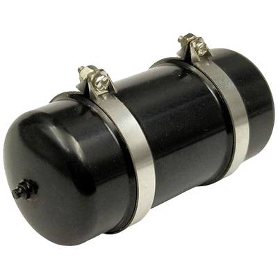 Black cylindrical compressed air tank with two metal mounting straps and valve connections at the ends.