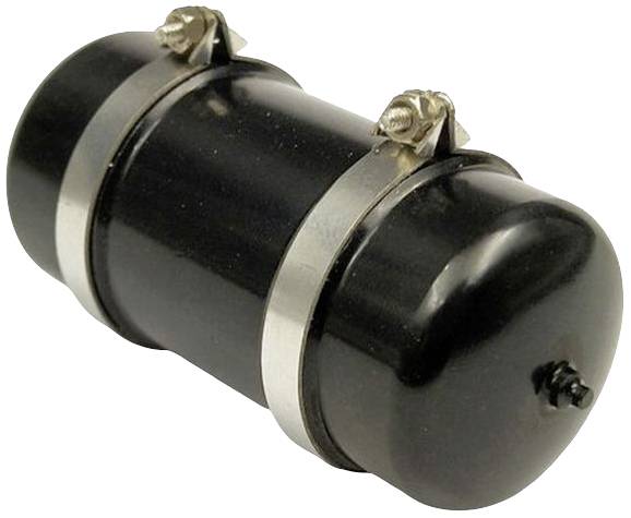 A black cylindrical capacitor with two metal screws at the ends, used for electrical energy storage.