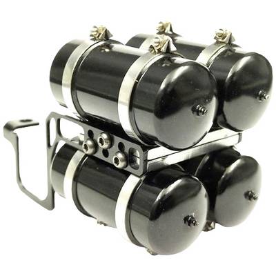A black metal system with four cylindrical containers secured in a holder. They appear technical or industrial.