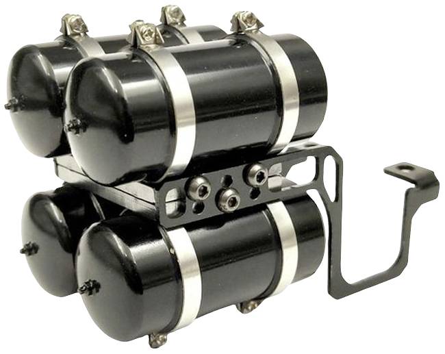 Black, cylindrical compressed air tank with four chambers, mounted on a bracket, suitable for technical applications.