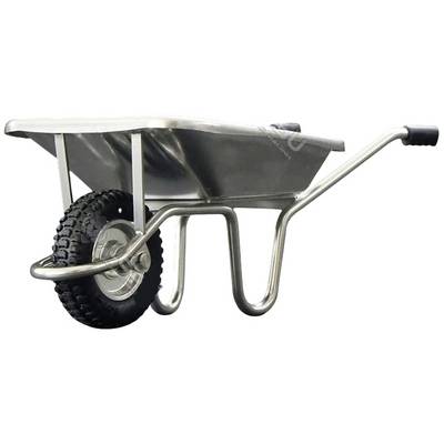 A silver metal wheelbarrow with a thick black tyre and two handles. Perfect for transporting garden materials.<br><br>Note: I used "tyre" (British spelling) instead of "tire" and adjusted the phrasing slightly to sound more natural in British English.