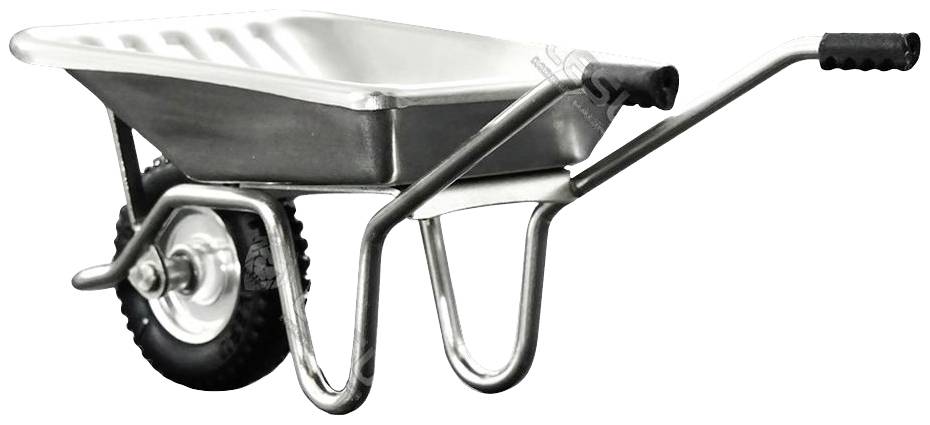 Metal wheelbarrow with one wheel and two handles, providing stability and mobility for transporting loads.
