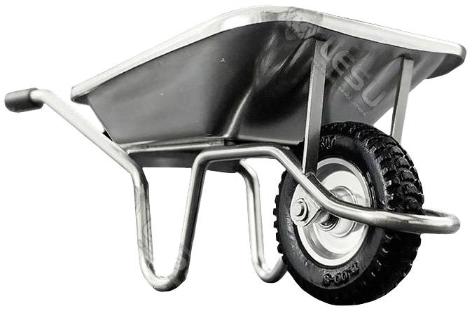 A single wheelbarrow with a robust metal body, two handles, and a single wheel, stands upright on the ground.