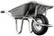 A single wheelbarrow with a robust metal body, two handles, and a single wheel, stands upright on the ground.