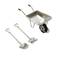 Wheelbarrow and two metal shovels on a white background, all with ergonomic handles. Suitable for garden or construction work.