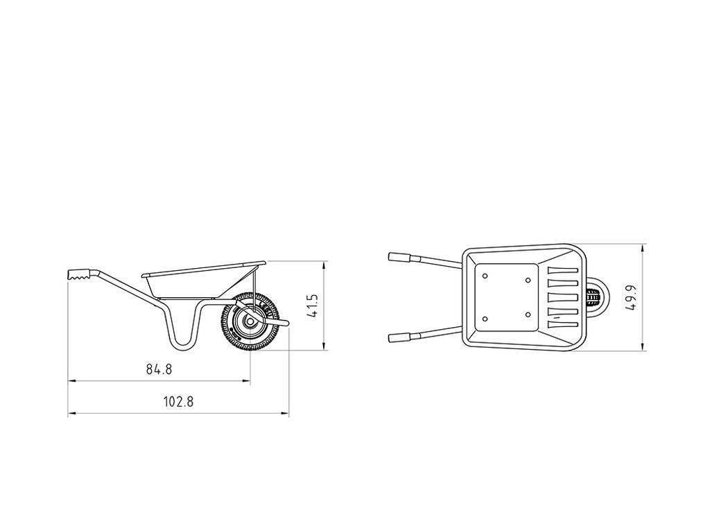 Sketch of a wheelbarrow with dimensions: Length 102.8 cm, Height 41.5 cm, Width 49.9 cm from above. Side and top view depicted.