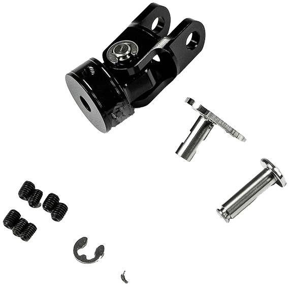 Black mechanical component with multiple screws and bolts, possibly part of a mounting system or joint.