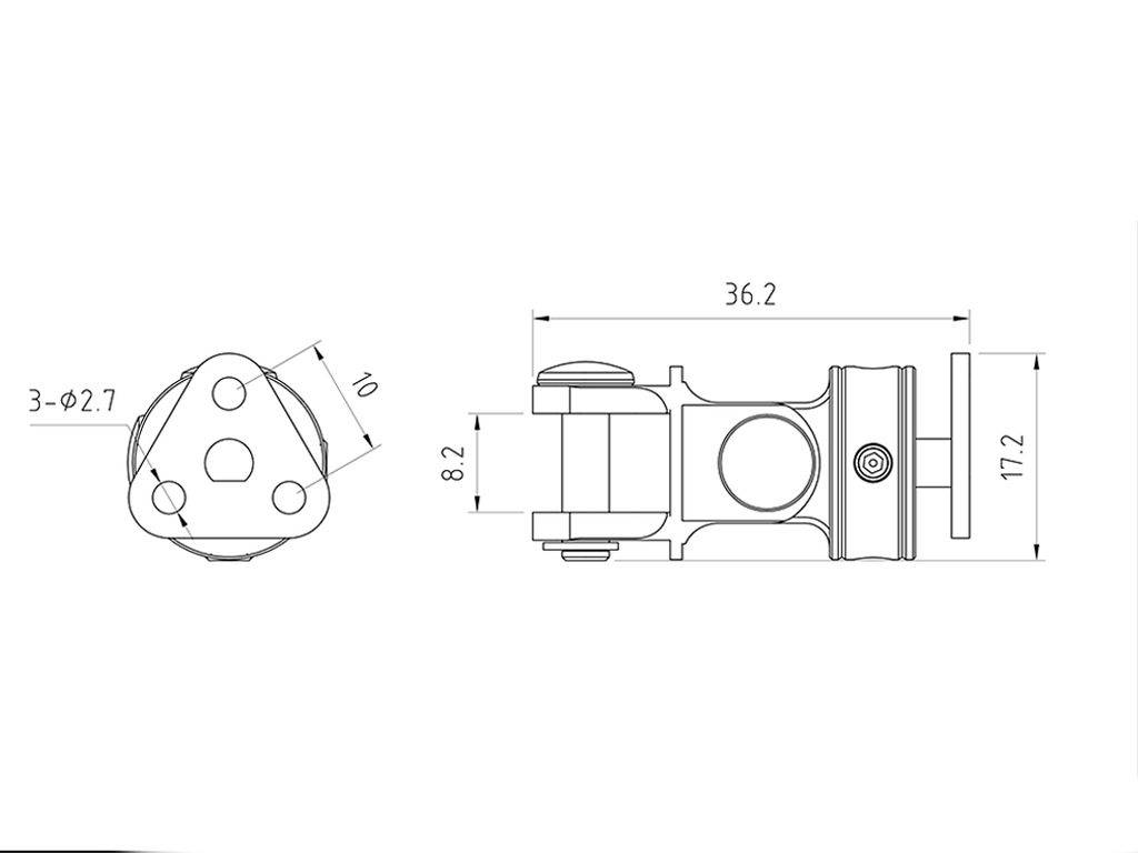 Technical drawing of a component with side and top view, dimensions in millimetres: 36.2 length, 11.2 width, 8.2 height.