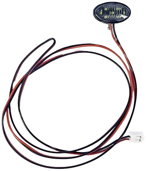 LED light with two black and red cables and a white plug.