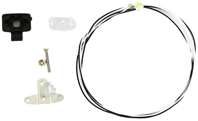 Set of automotive parts: a black sensor, a metal bolt, white cables and mounting bracket. Used for installation in vehicles.