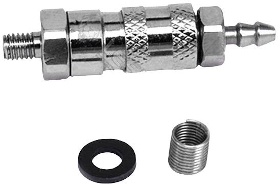 A metal valve with two threaded sections separated from each other and a rubber seal. It can be used to control liquids or gases.