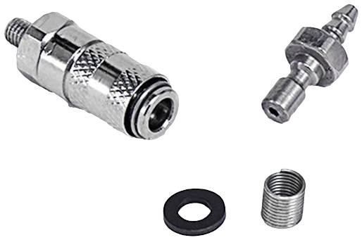 Four parts of a compressed air connection set: a coupling, a plug, a thread sealing ring and a spring.