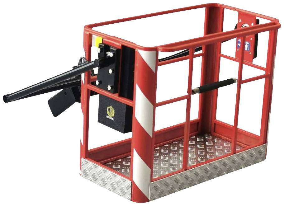 'Red lifting platform with safety railings and non-slip flooring, suitable for work at height.'