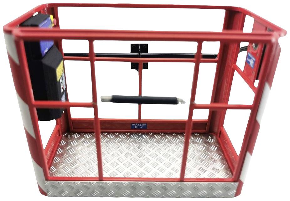 A vacant, red safety cage made of metal with a diamond plate floor, suitable for use on lifting platforms or forklift trucks.
