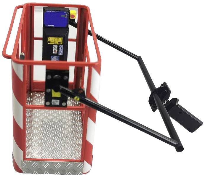A red, rectangular safety cage with a non-slip floor, used for protection when working at height, shows safety locks.