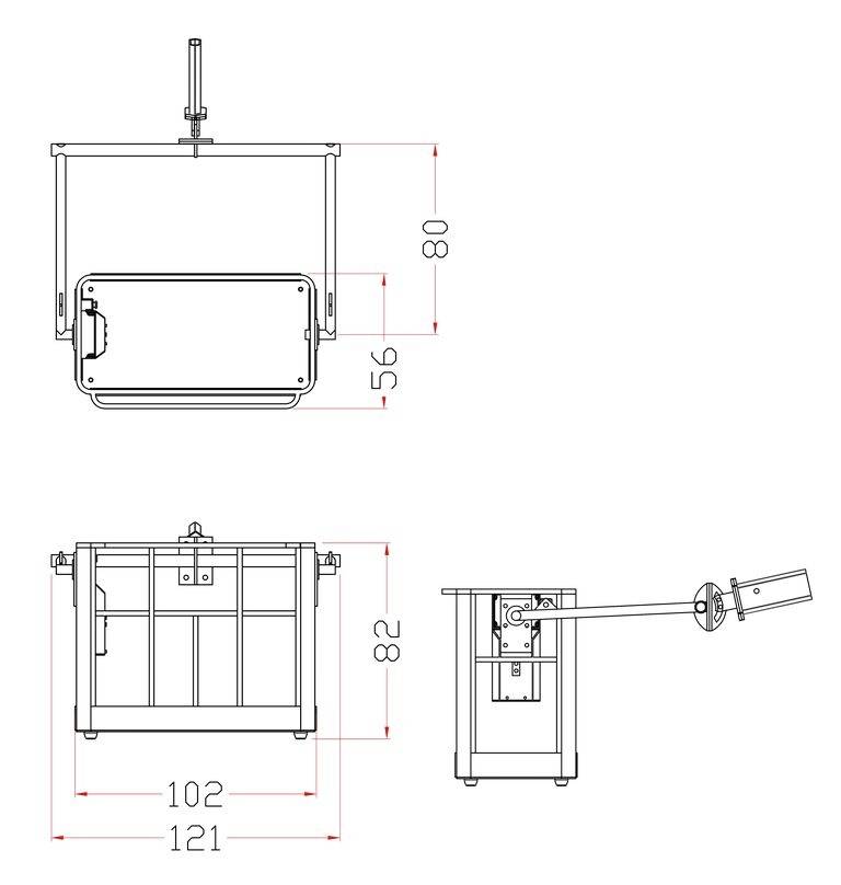 Technical drawing of a facility with three views: front, side, and top. Dimensions and distances are given in centimetres.