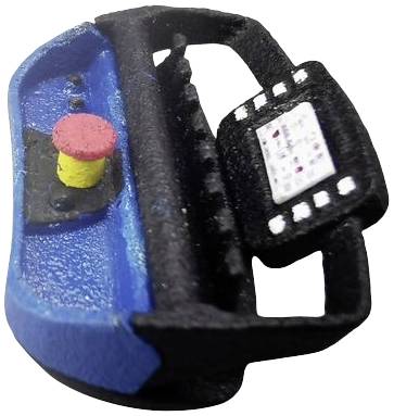 Hand-held remote control with a blue casing and a large red button next to a yellow stopper. A small screen is built in.