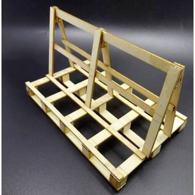 Wooden frame in the shape of a stand or shelving unit on a black background. It features multiple horizontal and vertical struts.