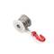 A red winch with a hook on a white spool body, suitable for model making and small mechanical applications.