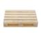 Simple wooden pallet, rectangular, showing the top side with parallel wooden slats and two spaces for forklift forks.