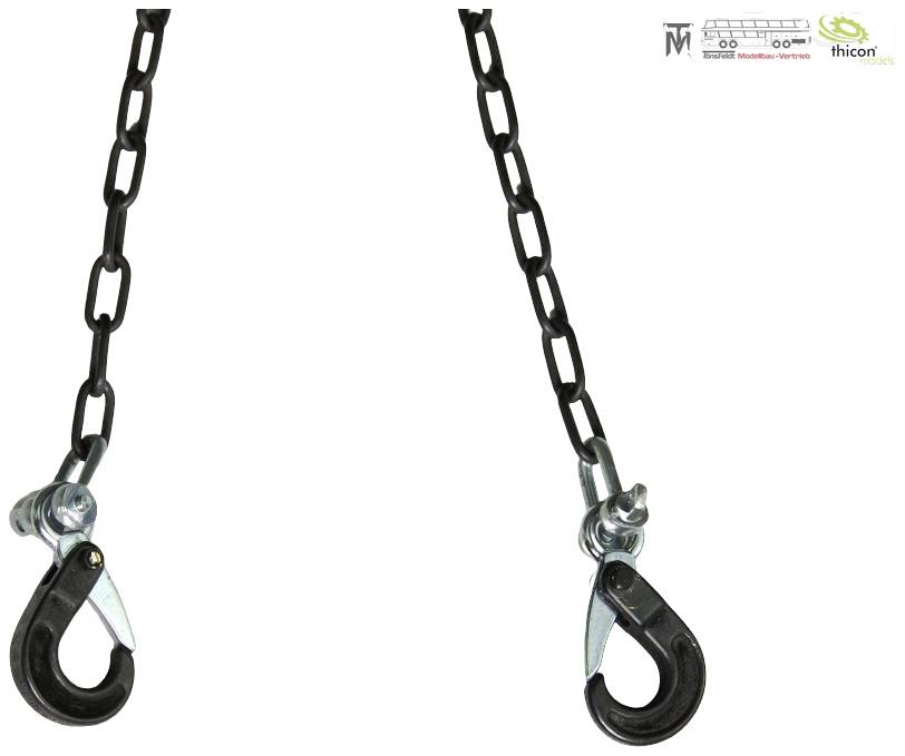 Two black hooks with chains hanging from above. Three logos in the top right with illegible text.