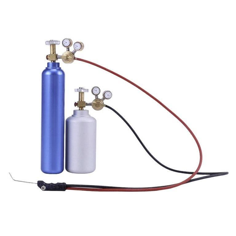 Two gas cylinders with pressure indicators, connected by red and black hoses. Suitable for technical or craft applications.