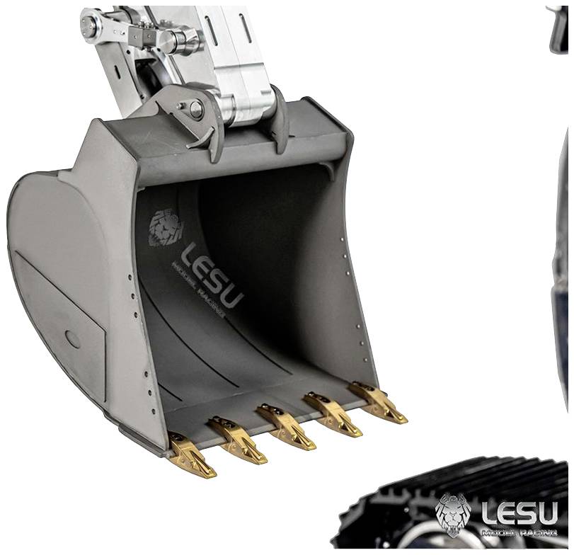 A grey excavator bucket with multiple teeth along the edge; next to it the manufacturer's LESU logo.