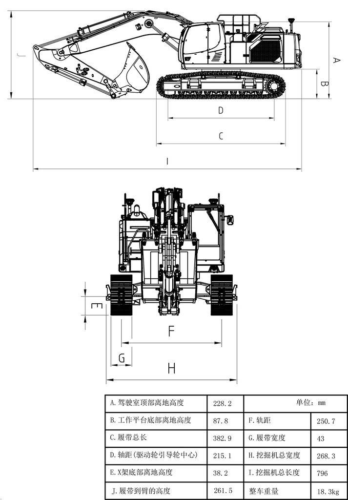Excavators with various views and dimensions. Diagram with measurements in metres, including height, width, and length.