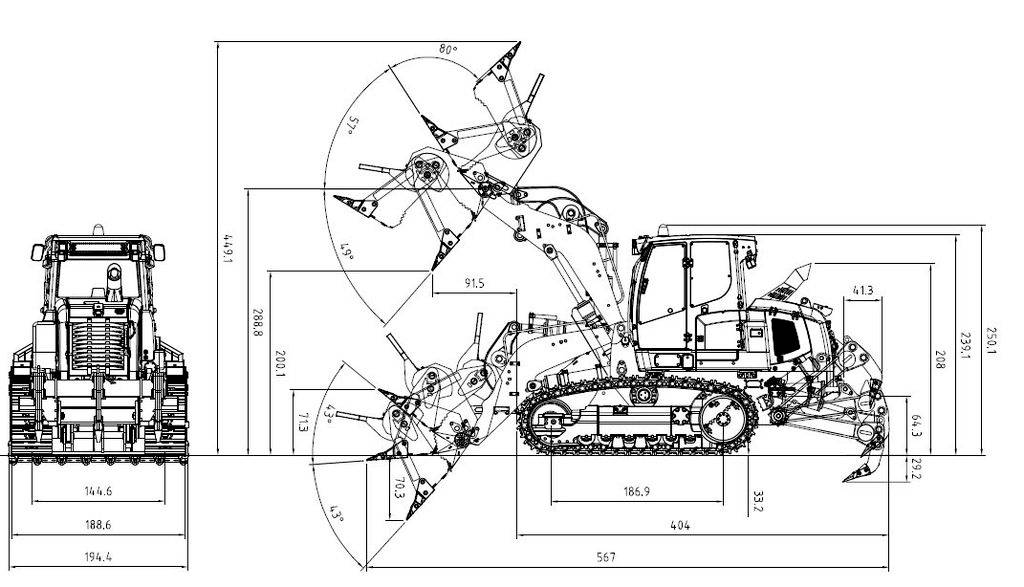 Technical drawing of an excavator with dimensional specifications. Shows side and front views, indicating dimensions and movement ranges.