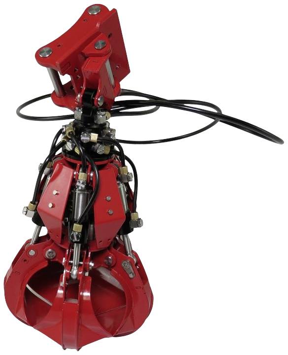 Red hydraulic grab with multiple grab arms, suitable for lifting and transporting heavy materials in industrial applications.