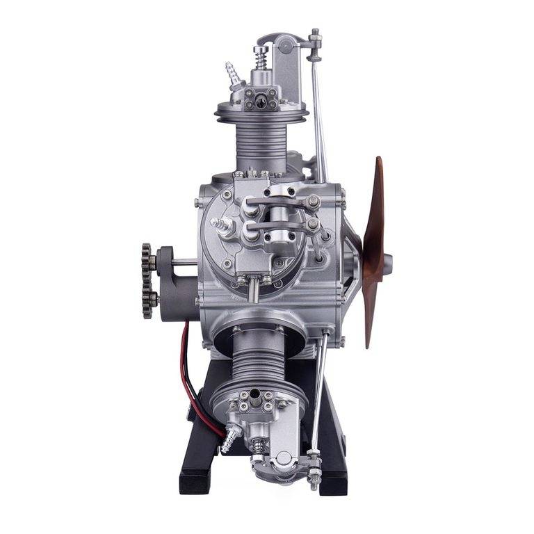 A silver piston engine with red cables and a wooden propeller, mounted on a black base.