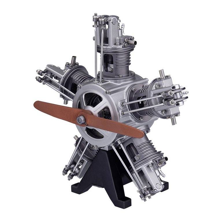 A model of a star-shaped aircraft engine with five cylinders and a wooden propeller, mounted on a stand.