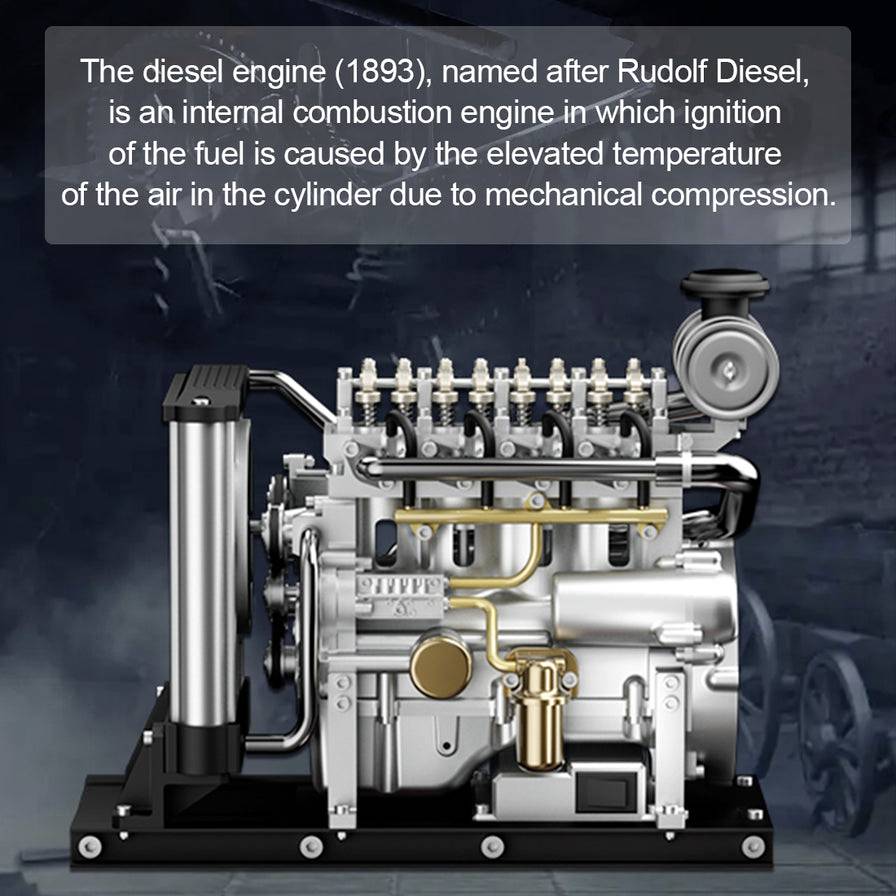 Diesel engine from 1893, developed by Rudolf Diesel, demonstrates internal combustion through compression.