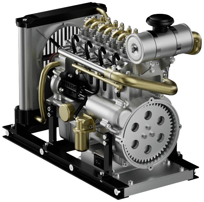 A detailed model of a car engine with visible pistons, gears and pipes, mounted on a black stand.