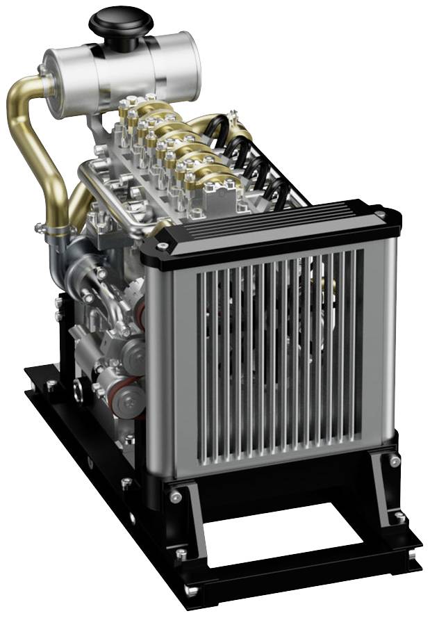 Small industrial diesel engine with visible pistons, valves and a radiator at the front, mounted on a metal frame.
