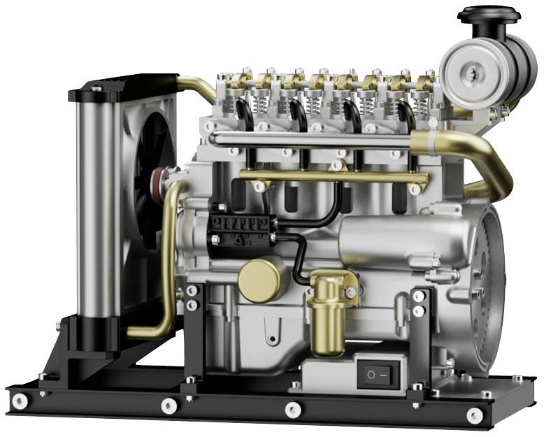 Diesel engine model with visible cylinders, cooling fan, and fuel line, mounted on a metal frame.