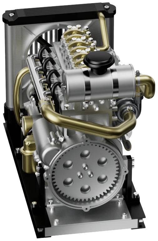 Industrial compressor with multiple cylinders and brass pipes, mounted on a black frame.