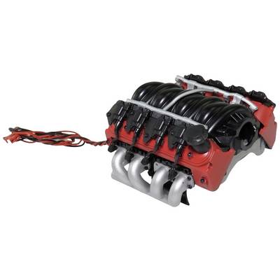 Red and black model motor with tangled cables.