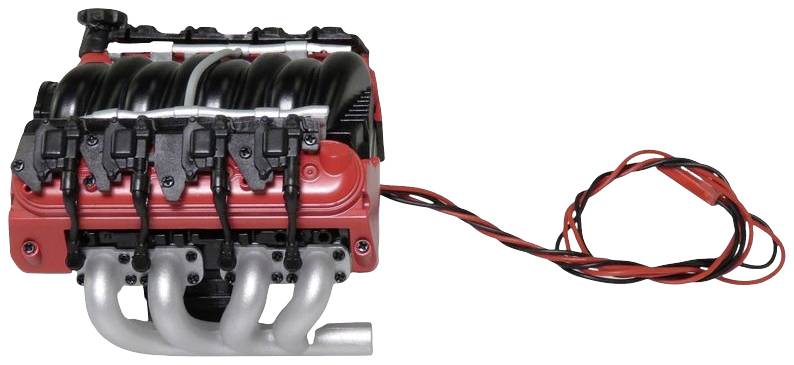 Model of a red V8 engine with visible spark plug leads hanging out on the left side.