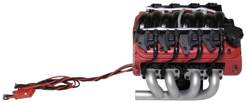 Model of a V8 engine in red and black, side view, with visible spark plug leads and exhaust manifolds.