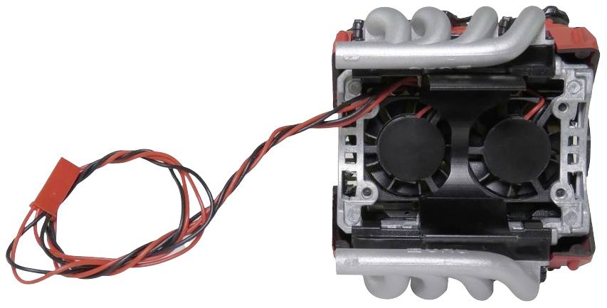 A small electric fan with two blades and a red power cable, evidently for cooling purposes in electronic devices.