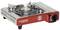 A portable camping gas stove with a red casing and black control knob. Aluminium burner and integrated pot support. Ideal for outdoor activities.