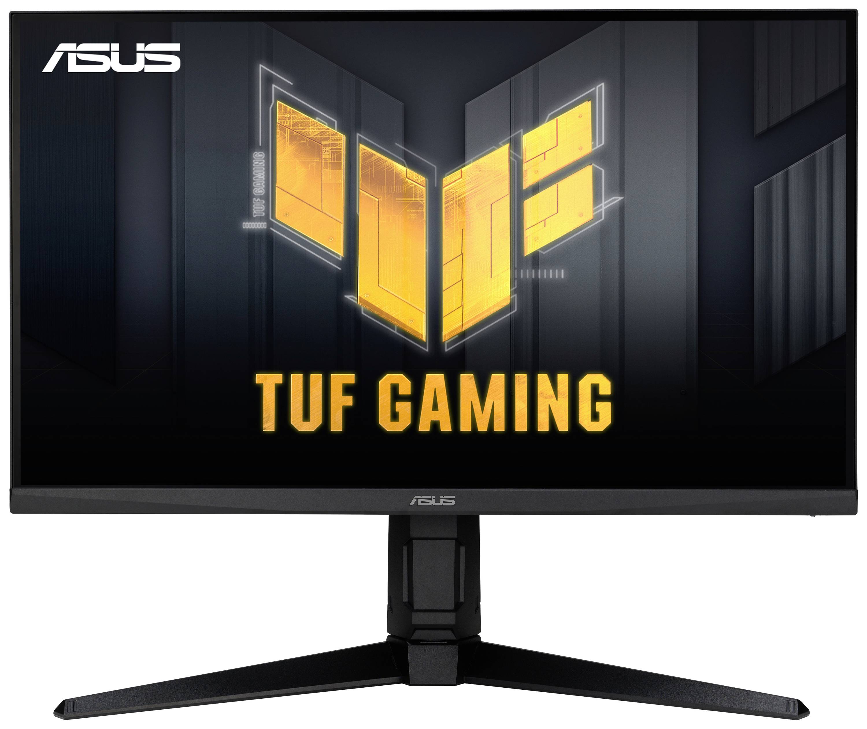 An ASUS TUF Gaming Monitor with an illuminated logo and text on the screen, standing on a base stand.