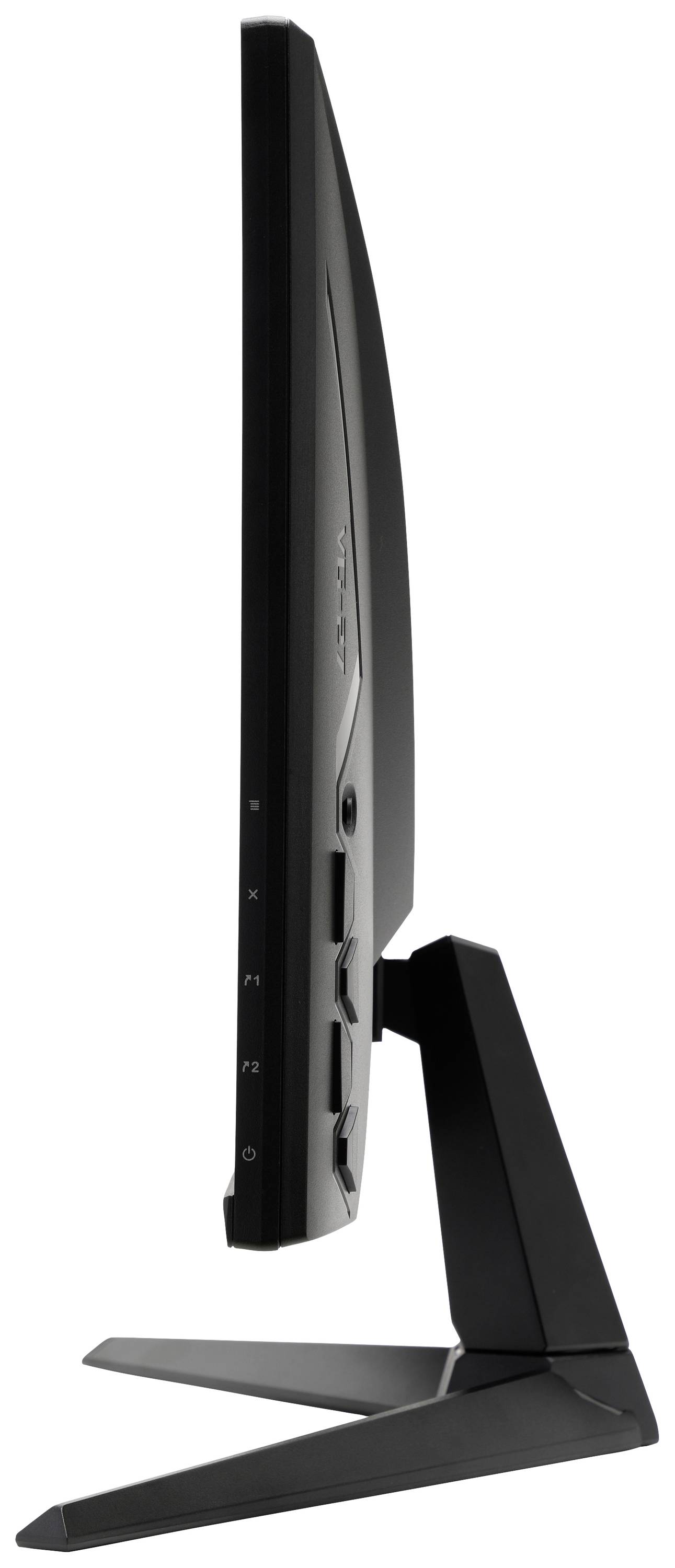 Slender, side view of a computer monitor, placed on a dark stand, with visible control buttons on the side.