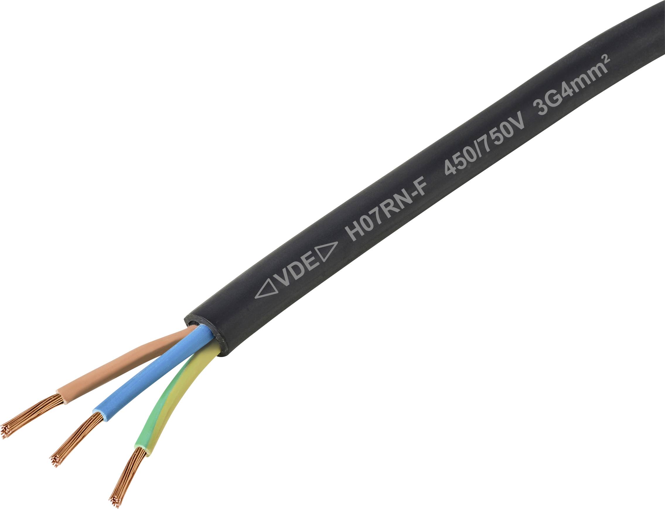 A black electrical cable with three exposed copper wires in blue, brown, and green. The cable is labeled 'VDE H07RN-F 450/750V 3G4mm²'.